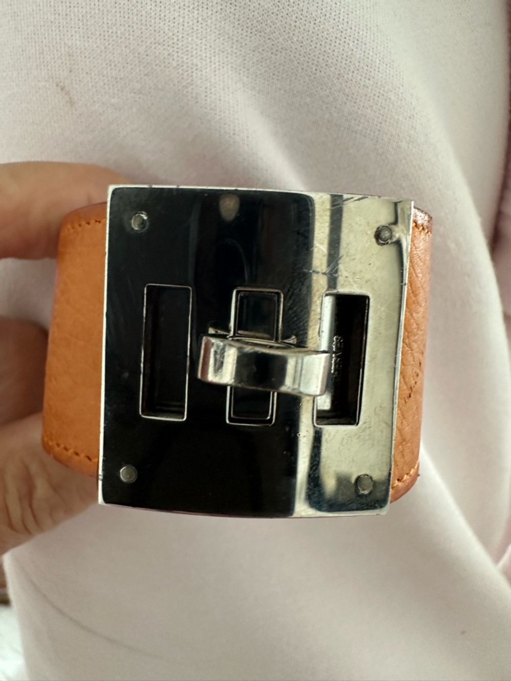 Hermes Orange Leather Bracelet with Silver-Tone Buckle